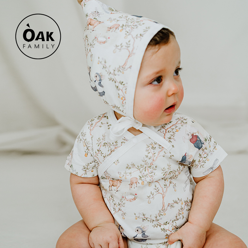 Oak Family新生婴儿短袖包屁衣夏季纯棉男女满月宝宝衣服哈衣爬服