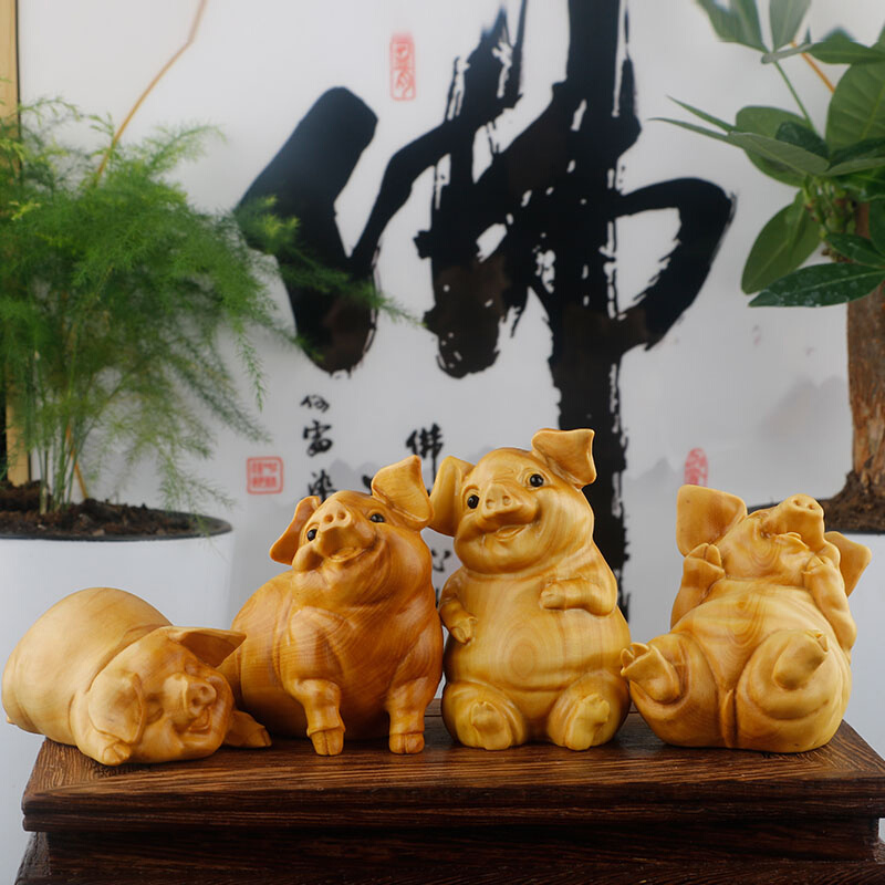 黄杨木雕刻猪手把件男中式家居客厅摆件文玩工艺品汽车摆件四喜猪