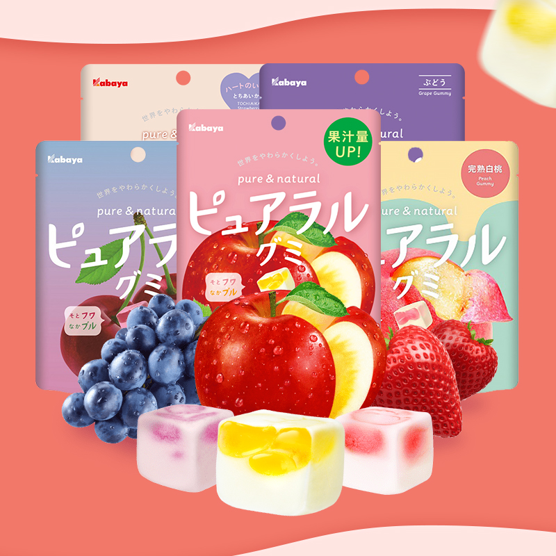 日本进口零食品kabaya卡巴也方块软糖白桃葡萄味夹心水果果汁糖果