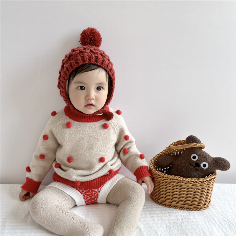 韩国秋冬装女童毛衣婴儿毛线针织衫宝宝圆领套头衫泡泡球长袖上衣