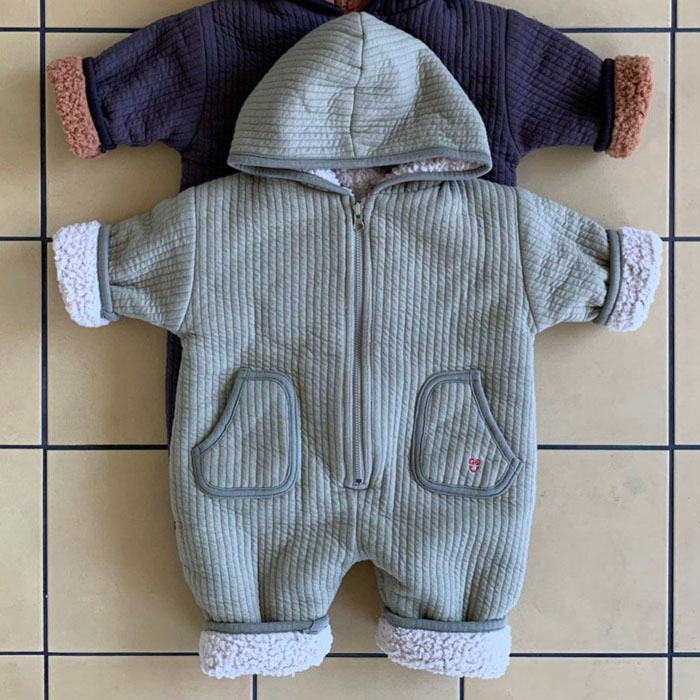 现货韩国婴儿加绒加厚连体衣外出服连帽爬服宝宝过冬棉衣外套正反