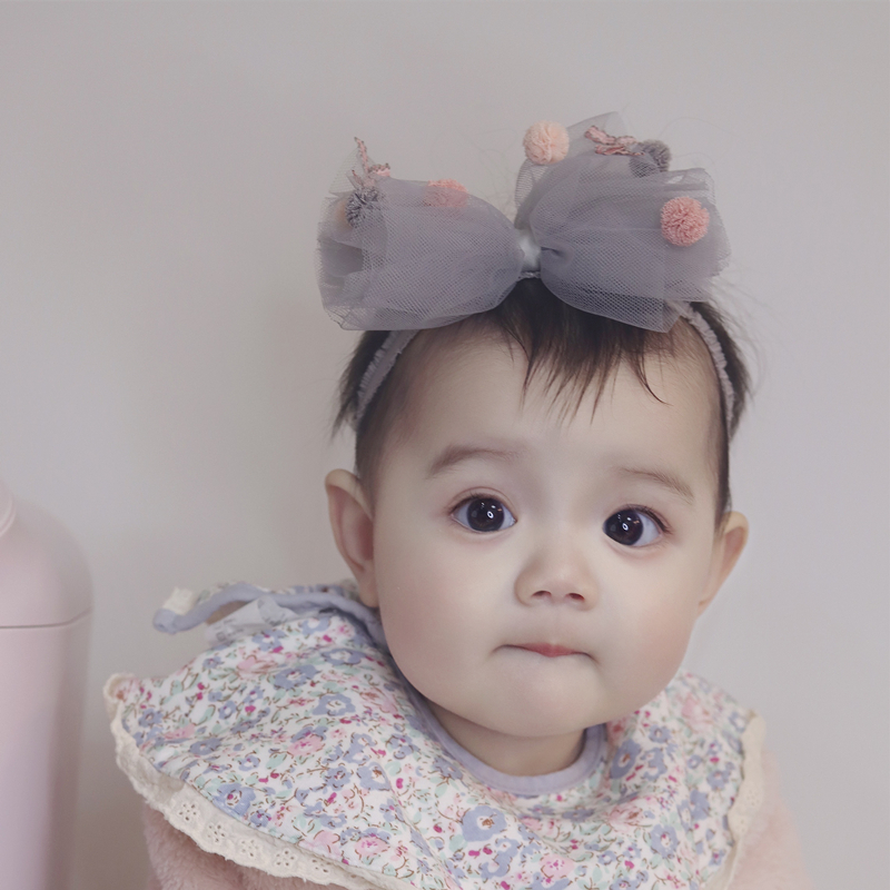 韩版公主粉色女宝宝蕾丝蝴蝶结婴儿发带印花可爱百天周岁头饰发饰