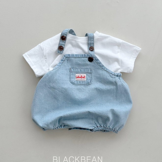 现货韩国进口婴儿可爱时尚短袖牛仔爬服宝宝夏季背带连体衣套装