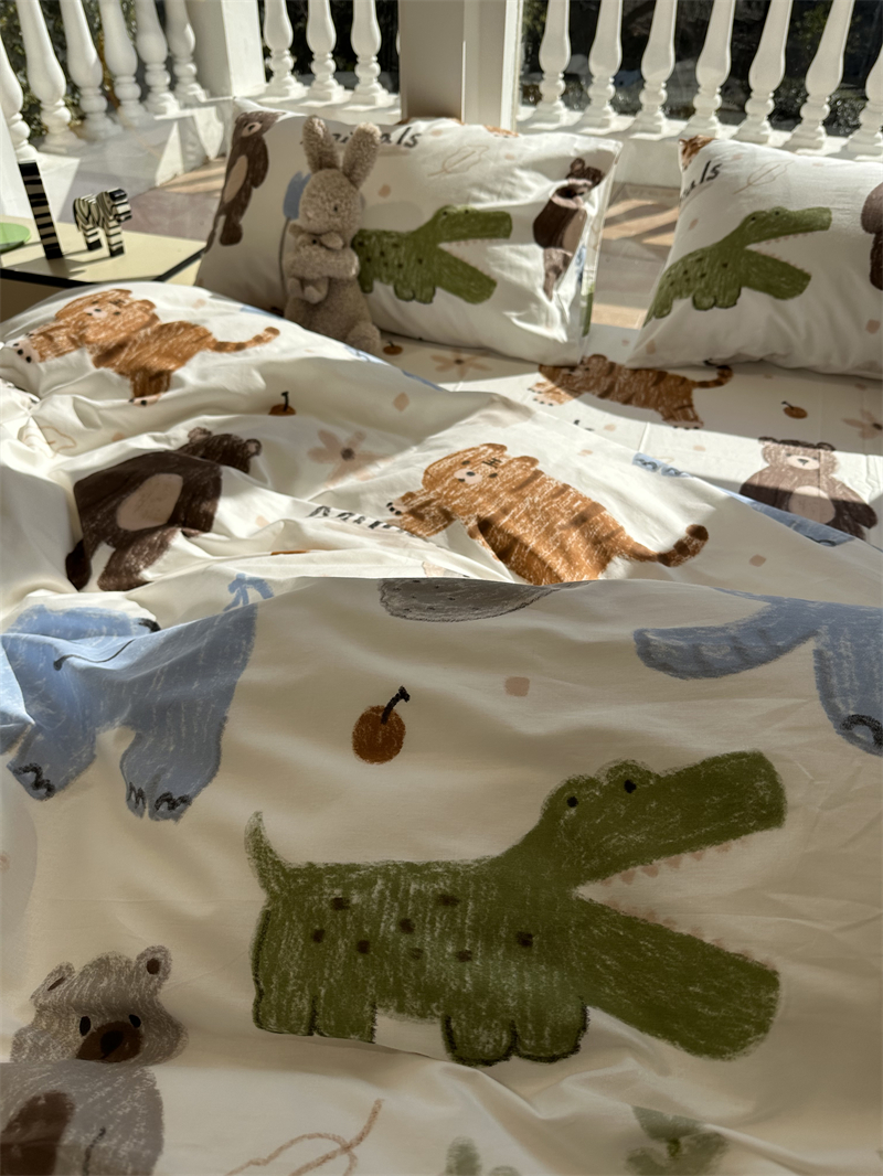 童趣涂鸦动物园床上纯棉四件套1.5m1.8米公寓全棉床单被套三件套