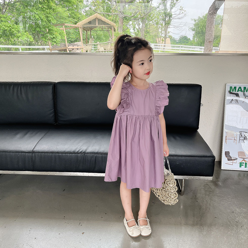 2024新款夏装3-8岁女童紫色花边飞袖连衣裙纯棉布无袖裙子