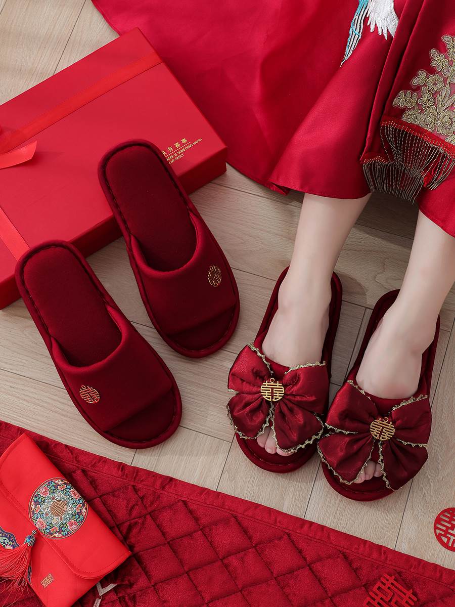 红色拖鞋结婚一对晨袍新人厚底室内家居情侣秋冬季棉拖鞋新人陪嫁