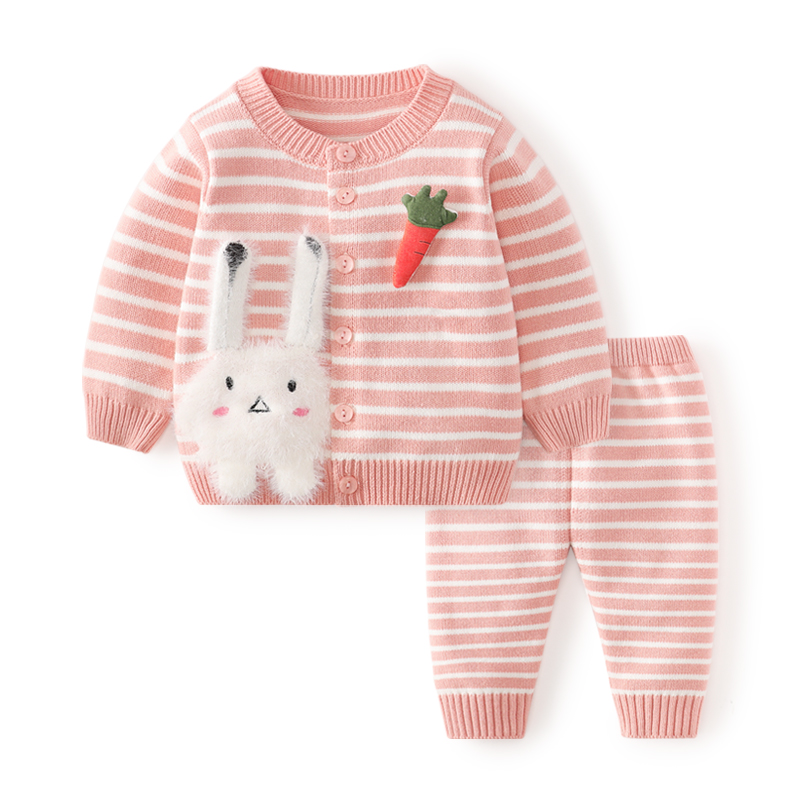 婴儿彩棉毛衣套装0-1-2岁男童秋装女宝宝针织开衫春秋套装洋气6月