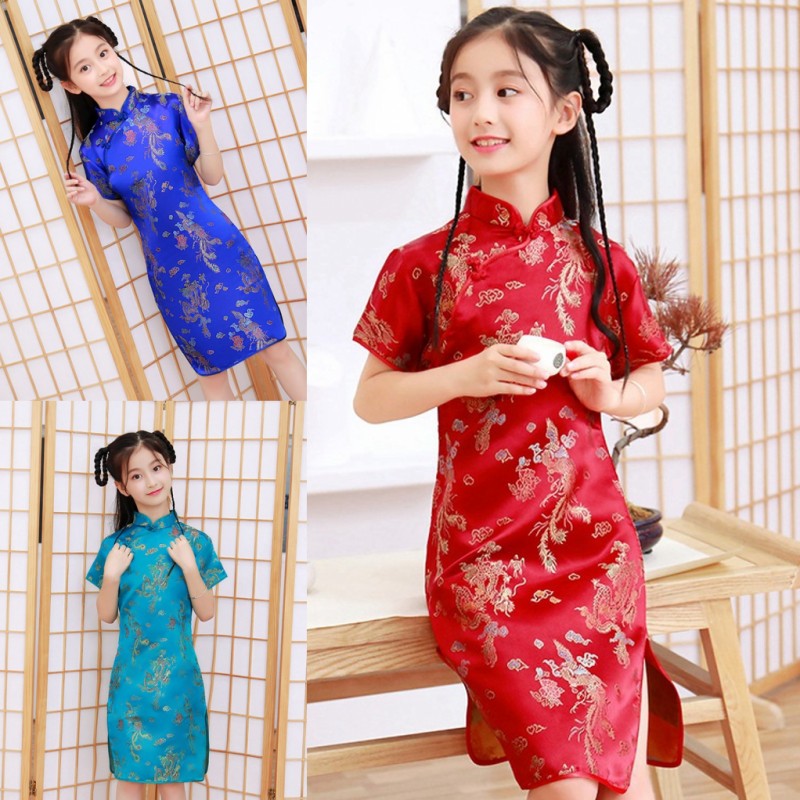 儿童旗袍春女童中大童复古唐装洋气长袖修身演出礼服中国风连衣裙
