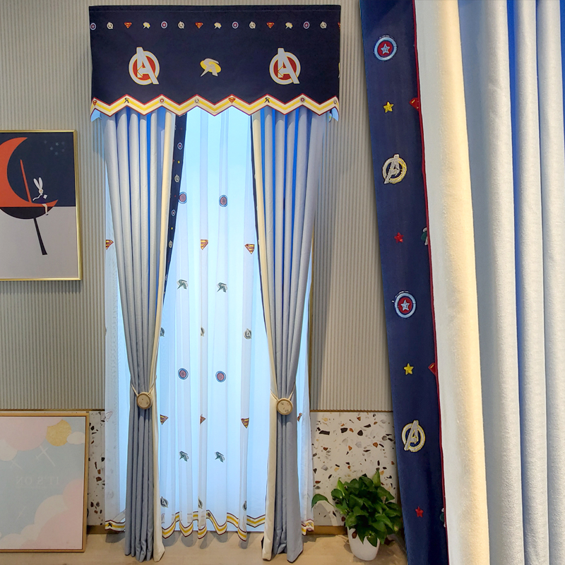 [卡汀]简约现代美式轻奢北欧法式儿童房窗帘遮光蓝色拼接布帘卧室