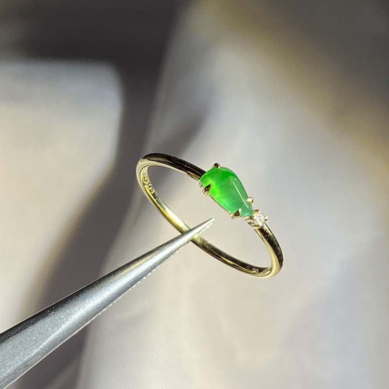 Cr-J翠鸟 天然冰种翡翠随形钻石戒指18K金萌雀A货荧光阳绿可定制
