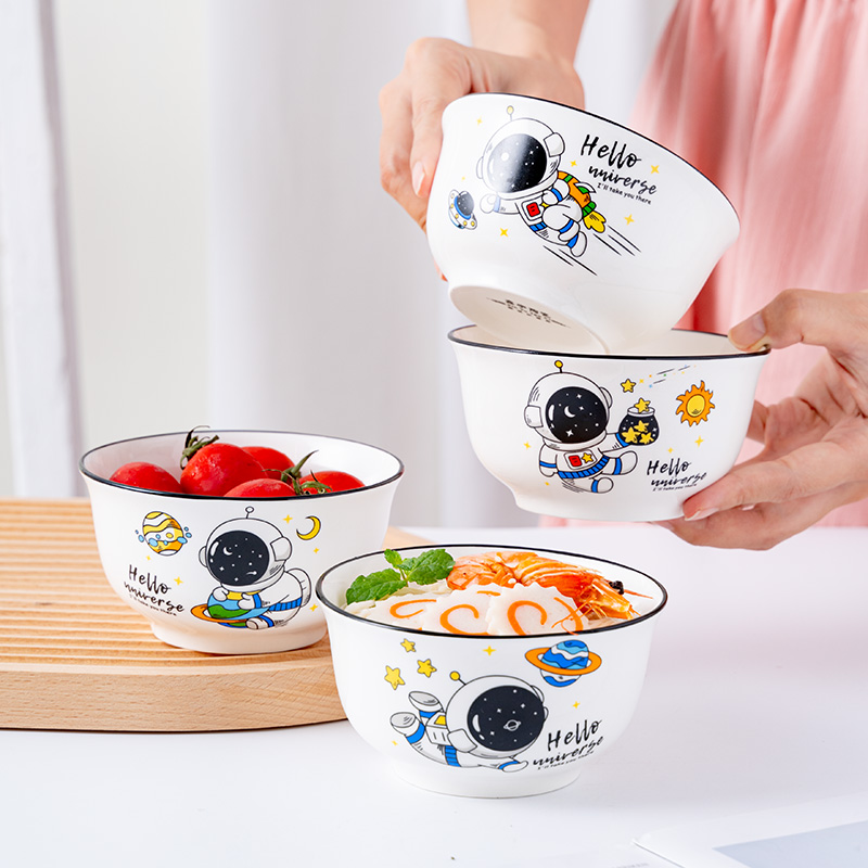 太空宇航员儿童卡通陶瓷餐具圆形米饭碗方形面条碗带盖子陶瓷水杯