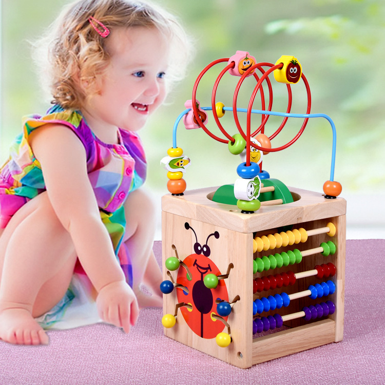 木制婴幼儿益智早教启蒙玩具新款多动能甲虫四面大绕珠百宝箱