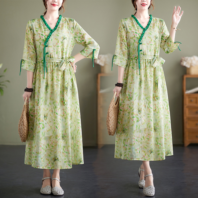 九月卡卡新中式苎麻亚麻连衣裙女国风改良旗袍高端大牌新款棉麻装