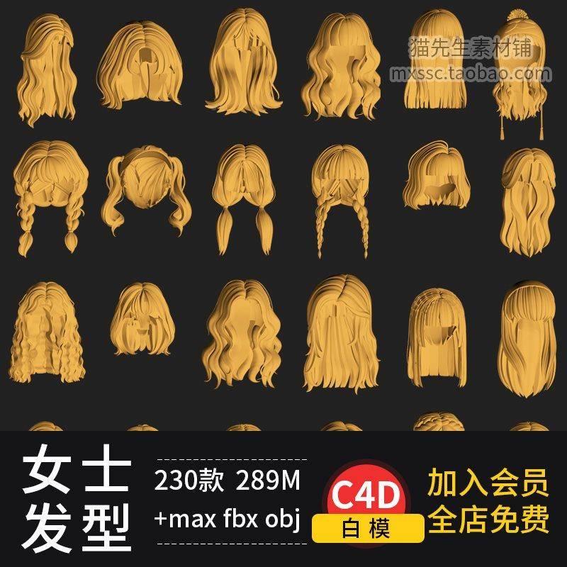 C4D女士头发女人帽子假发max女性卡通发型fbx/obj 3d模型素材