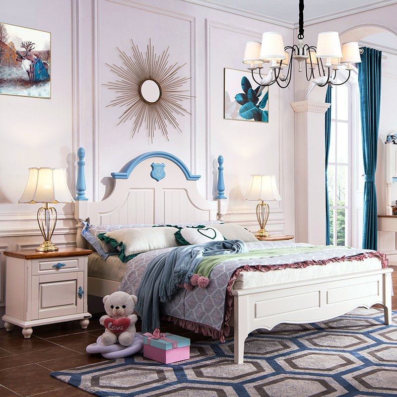 全实木欧式儿童床男孩组合套房人具公主床蓝色单1家床1.5米双.8米