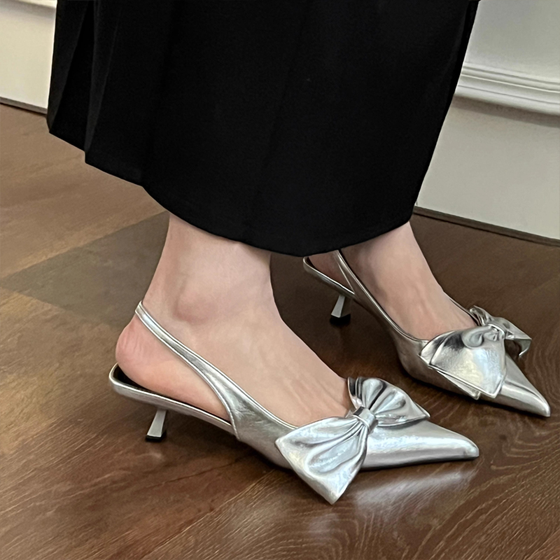 高级感银色蝴蝶结气质单鞋鞋子女2024新款爆款春夏季包头高跟凉鞋