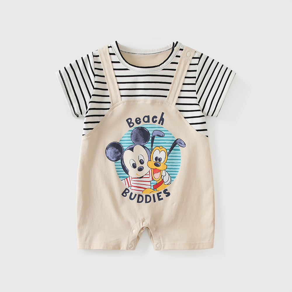 【迪士尼授权系列】2024夏季新款条纹米奇新生婴儿宝宝棉质连体衣