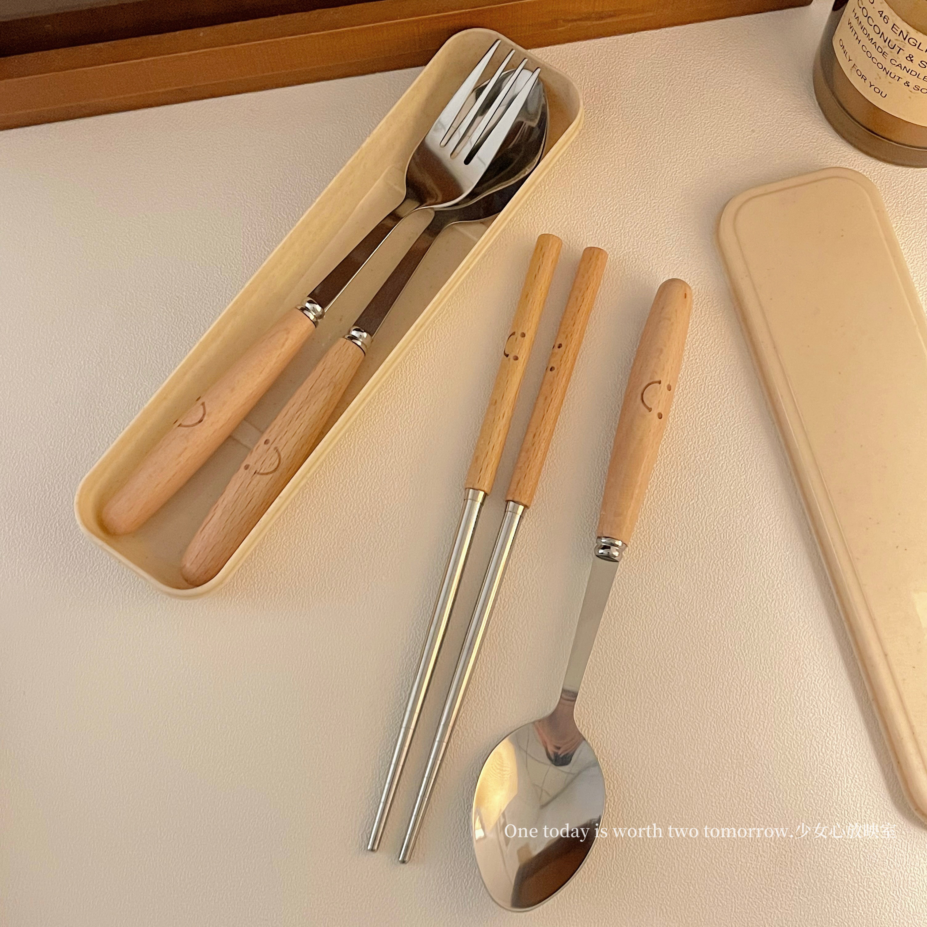 可爱笑脸筷子勺子叉子餐具套装木柄不锈钢三件套学生儿童成人便携