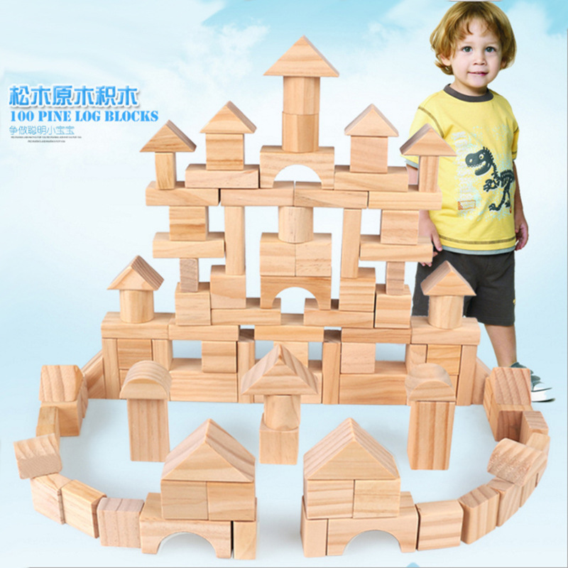 厂家直销木制儿童堆搭100粒桶装原木环保积木早教益智玩具