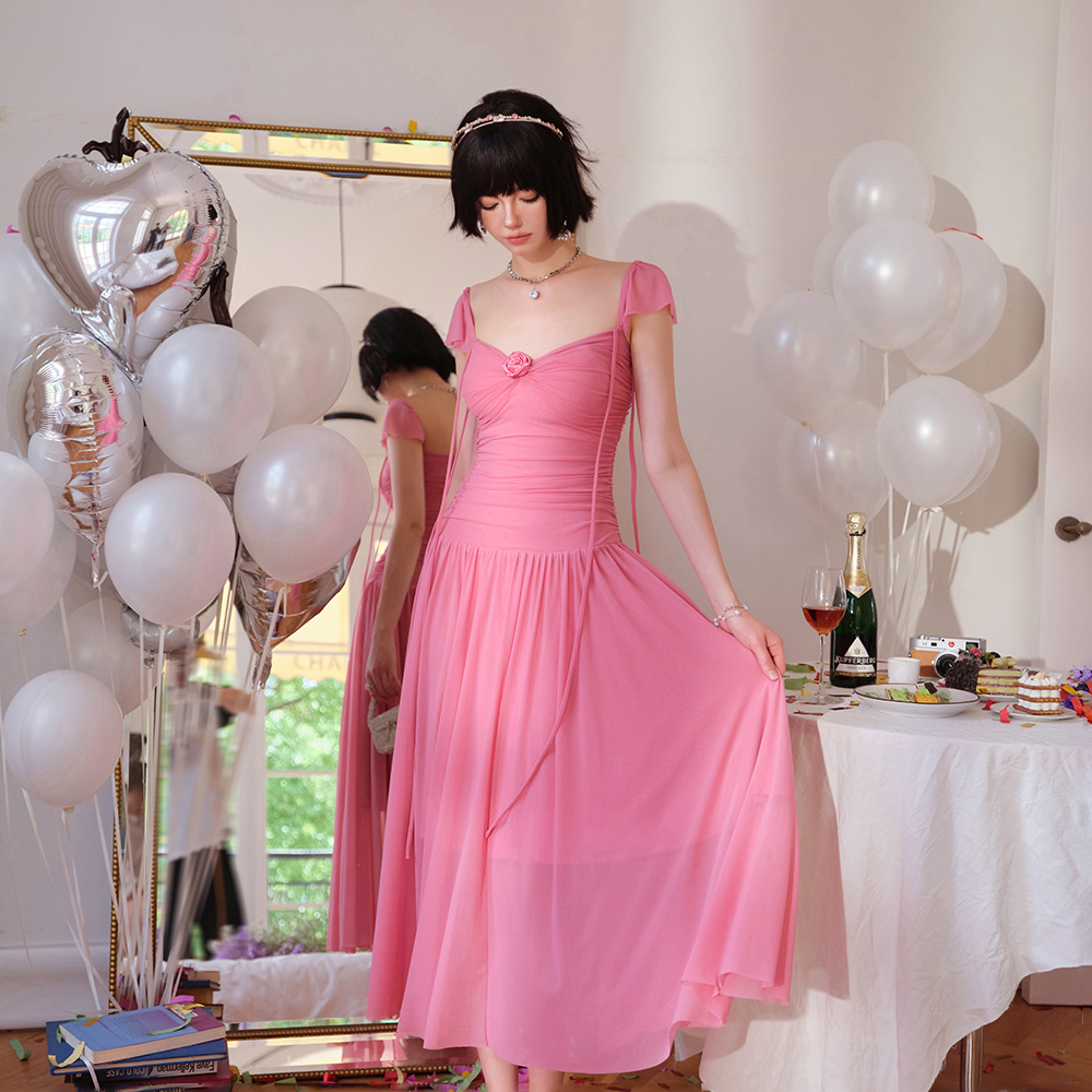 CloudSeason 连衣裙玫瑰褶皱纯色修身显瘦女2023夏季新款官方授权