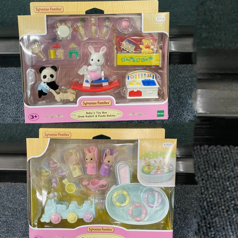 新品森贝儿家族系列雪兔和熊猫宝宝牛奶兔三胞胎洗澡套装女孩玩具