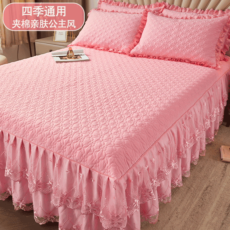 韩式公主风夹棉蕾丝床裙单件纯色床罩保护罩花边围裙欧式四季通用