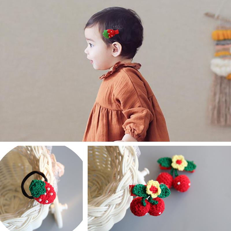 儿童红樱桃草莓发饰手工勾线包布发夹头饰品婴幼儿小皮筋发卡发圈