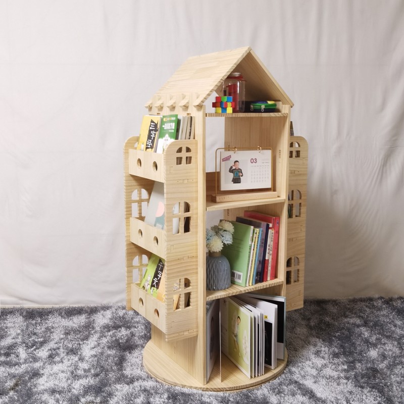 实木旋转书架360度转动儿童绘本架落地多层收纳架家庭创意置物架