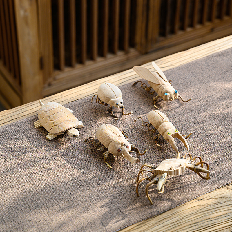 竹木动物玩具螃蟹螳螂甲虫乌龟独角兽七星瓢虫知了手工昆虫摆件