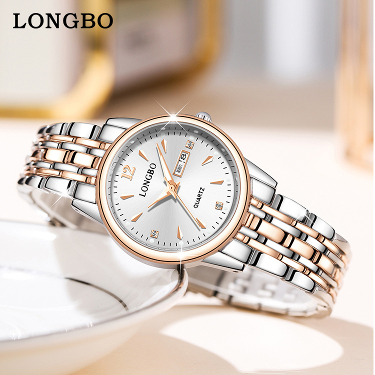 瑞士正品新款LONGBO小表盘钢带女士手表休闲日历防水夜光时装女表