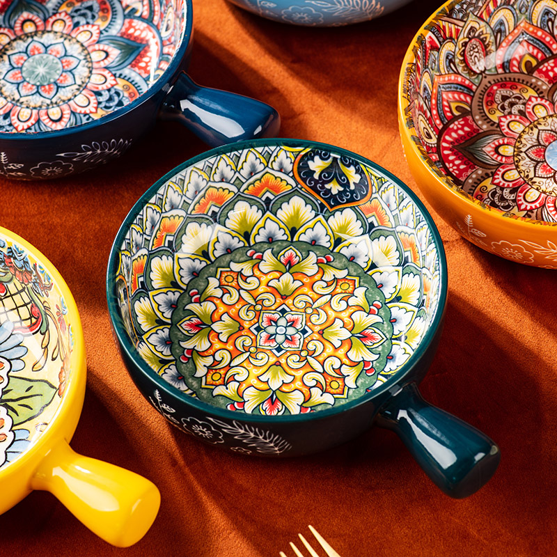 波西米亚陶瓷手柄碗家用餐具水果碗沙拉碗泡面碗饭碗汤碗烤碗个人