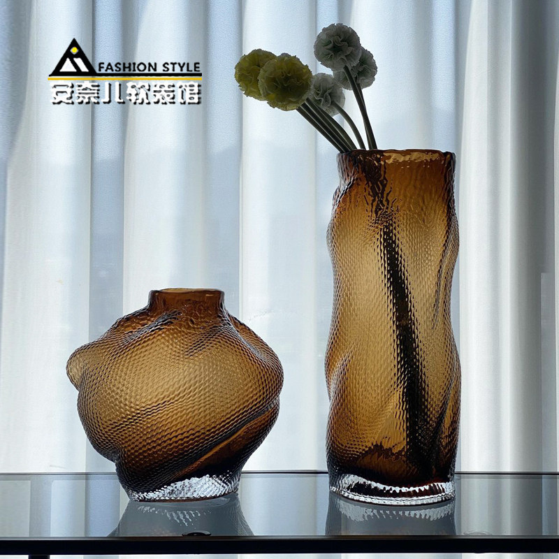 设计师款棕色琉璃花瓶高级质感异形水培插花器家居客厅样板间摆件