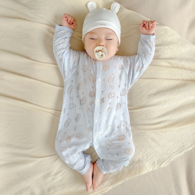 婴儿连体衣夏季薄款无骨长袖哈衣新生儿空调服睡衣男女宝宝爬服软