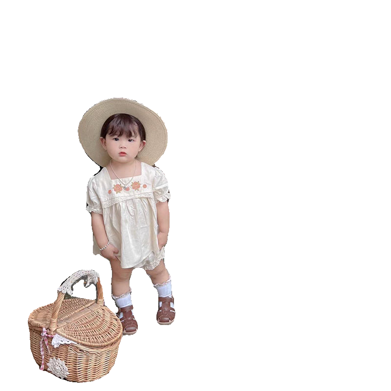 韩版夏款ins风女童婴幼儿花朵绣花短袖上衣面包短裤宝宝两件套装