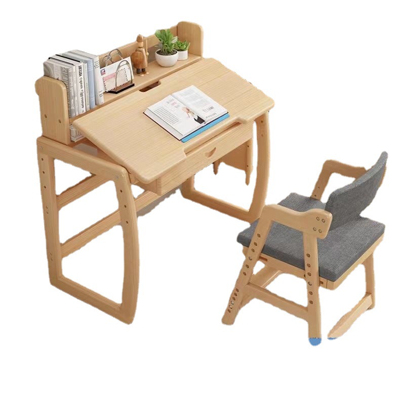 实木儿童学习桌书桌书架一体可升降小学生写字桌家用卧室桌椅套装