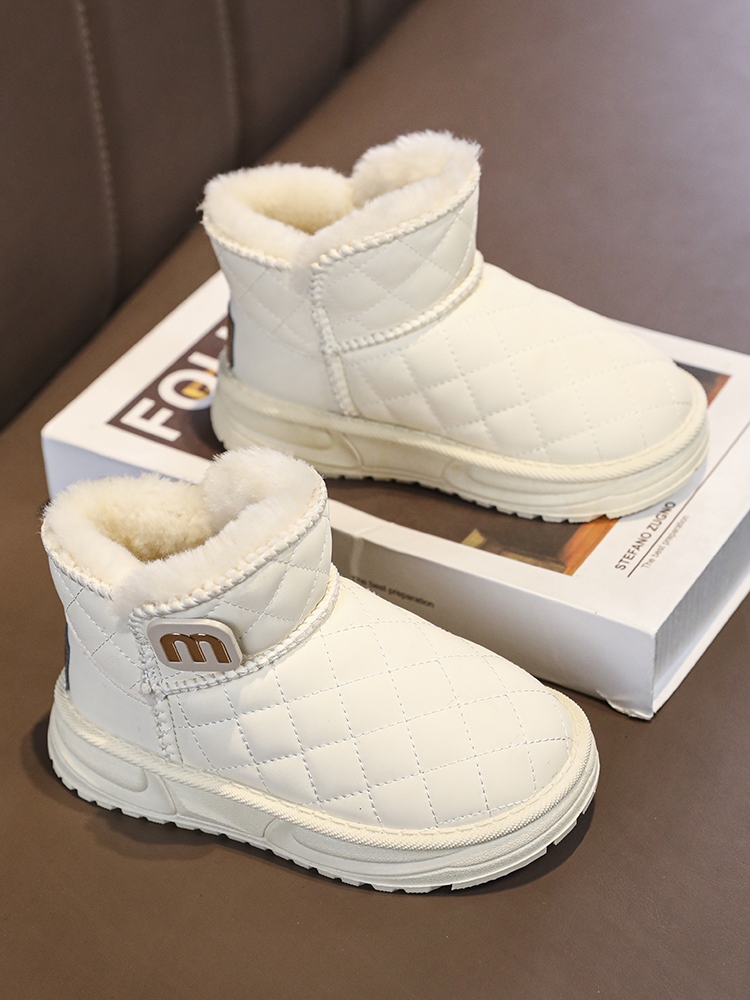 女童时尚洋气鞋子加绒短靴女款冬季皮面儿童面包鞋白色低帮雪地靴