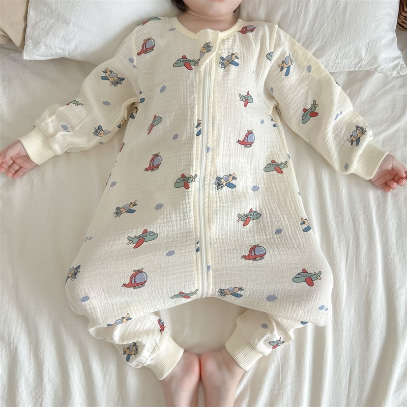 宝宝睡袋夏季纯棉长袖连体睡w衣婴儿双层泡泡纱布防踢被儿童空调