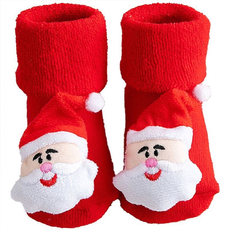 圣诞儿童袜冬季加厚男女宝宝地板袜周岁学步防滑婴儿大红棉福袜子