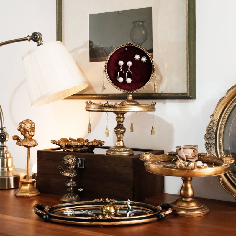 加安加丽法式复古摆件洛可可风桌面装饰首饰vintage中古镜面托盘