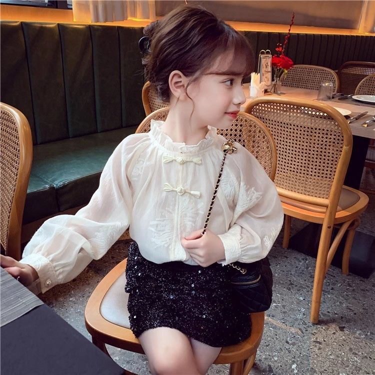 巴拉巴柆韩范女童新中式刺绣衬衫春装古风新款洋气儿童国风长袖衬