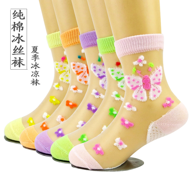 5双装 春夏薄款水晶冰丝儿童袜子透气女童丝袜花边袜1-3-6-10岁