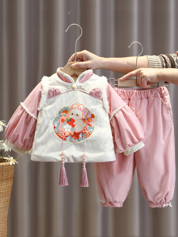 婴儿衣服冬季加绒中国风汉服唐装两件套装一周岁女宝宝抓周拜年服