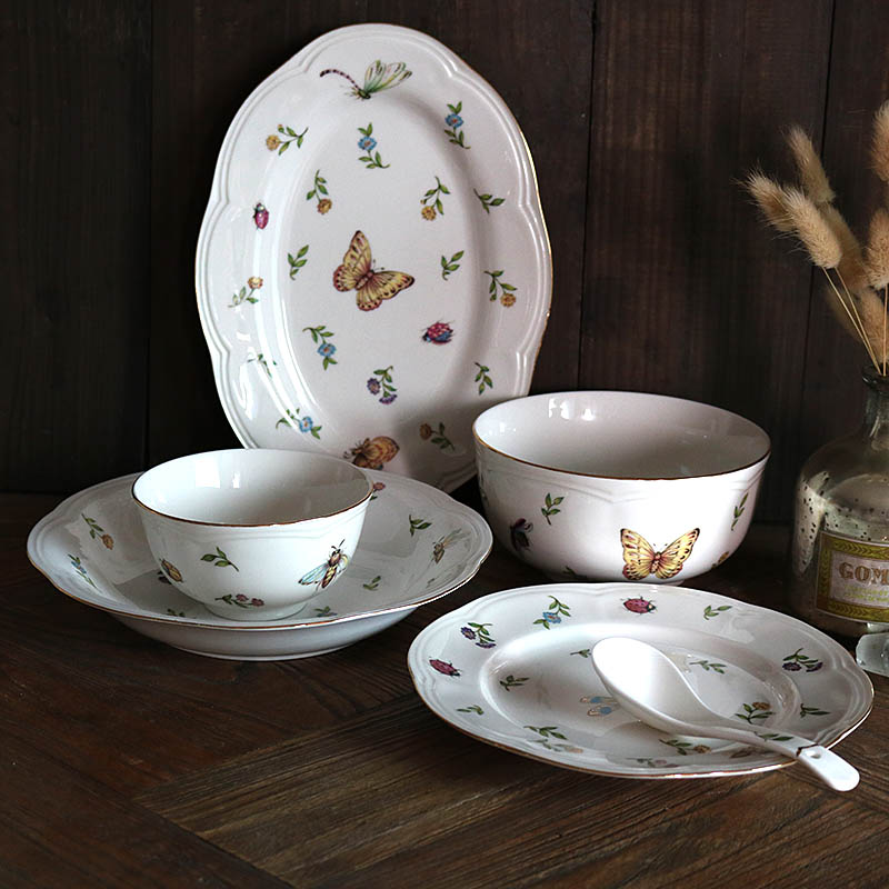 北欧碗碟套装复古简约轻奢创意蜻蜓蝴蝶陶瓷餐具家用组合欧式盘子