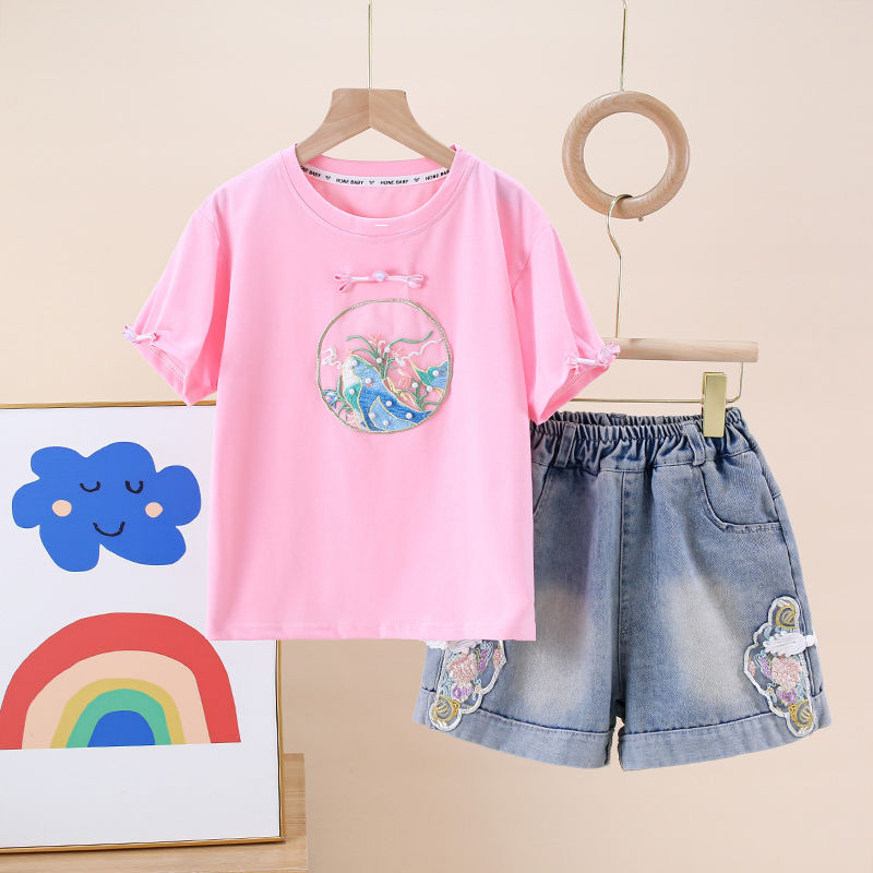 巴拉巴柆女童夏季短袖套装2024新款洋气新中式中大童国风T恤牛仔