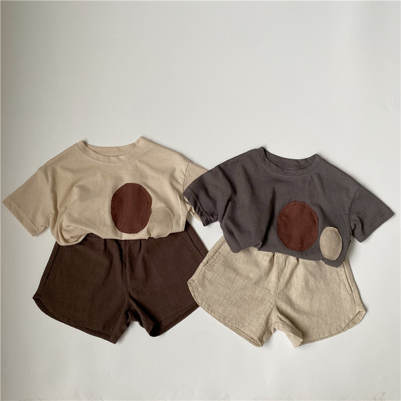 儿童T恤男童女童韩版夏季棉麻补丁短袖婴儿宝宝薄款夏装圆领上衣