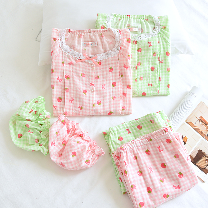 格子草莓孕妇装夏季薄纯棉纱布月子服产妇睡衣喂奶衣家居服哺乳装