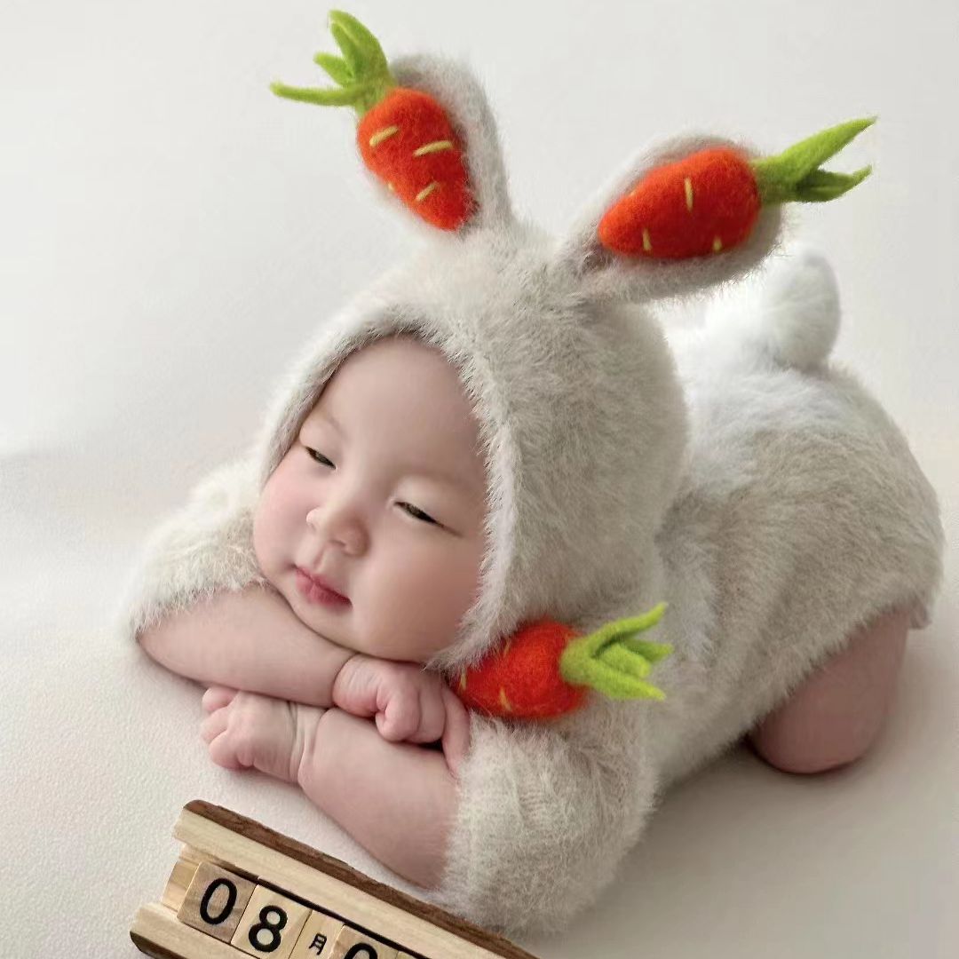 儿童拍照套装婴儿水貂绒针织套装 宝宝可爱小兔帽迷你胡萝卜道具