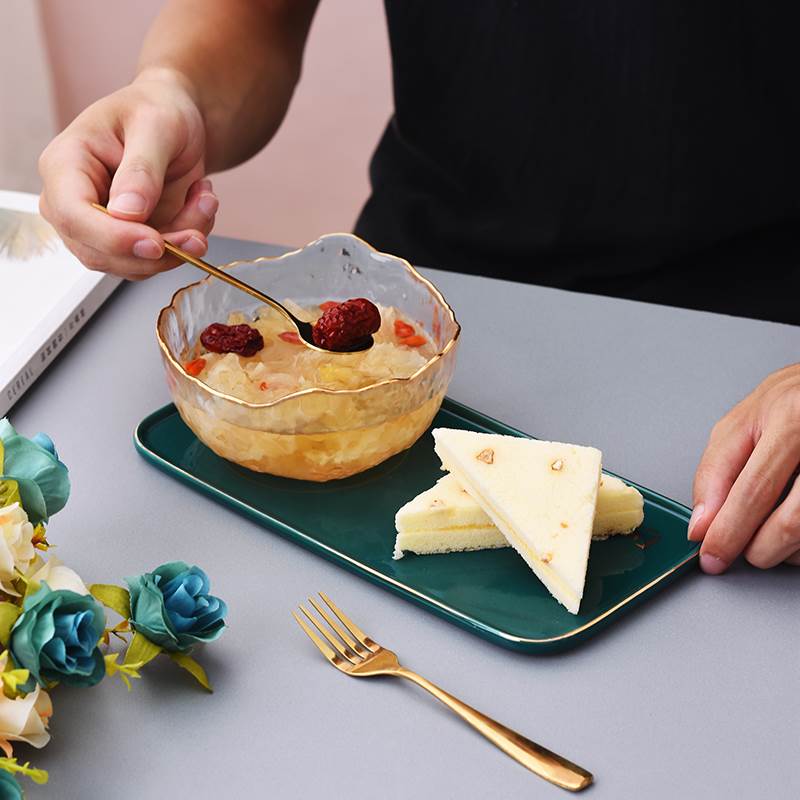北欧ins早餐盘甜品碗一人食餐具 创意日式可爱玻璃麦片燕麦碗套装
