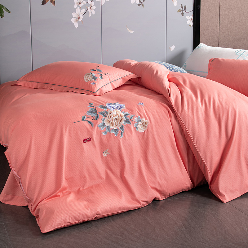 樱花家纺新中式四件套全棉纯棉刺绣简约素色床单1.8m双人床上用品