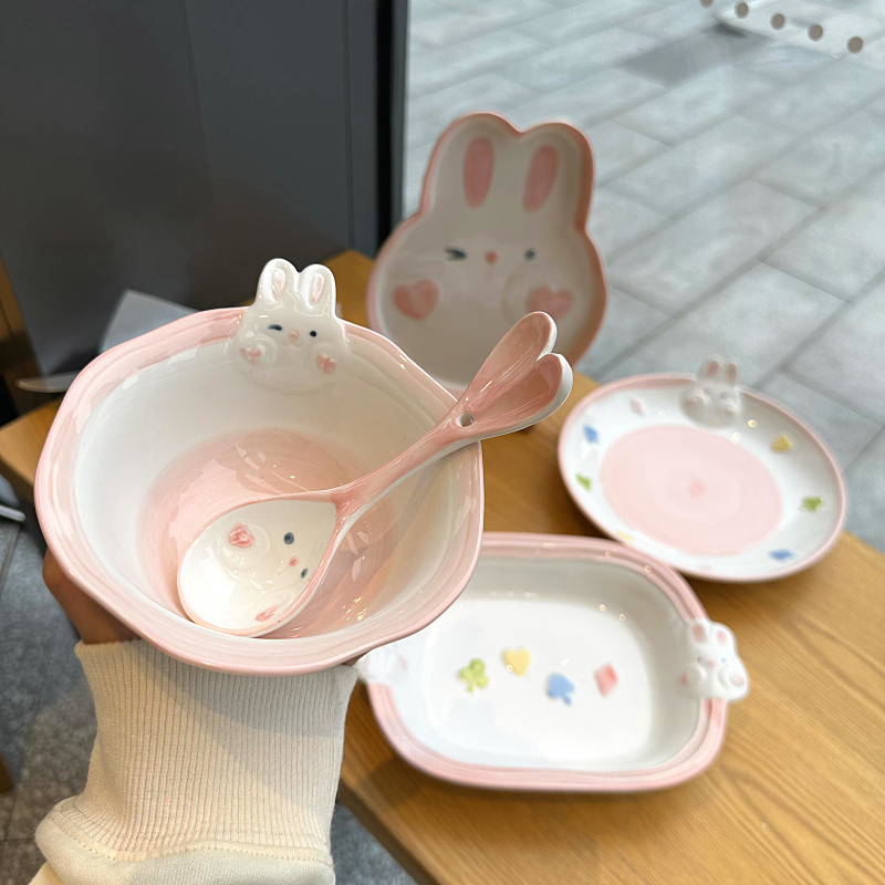 韩式可爱卡通兔子陶瓷釉下彩家用5英寸米饭碗女高颜值儿童早餐具